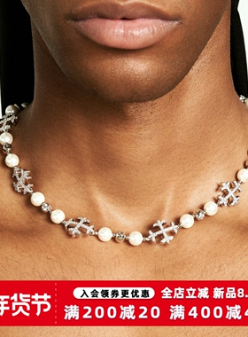 KREAM 满钻十字贝珠项链男嘻哈女同款欧美潮流锁骨链 necklace