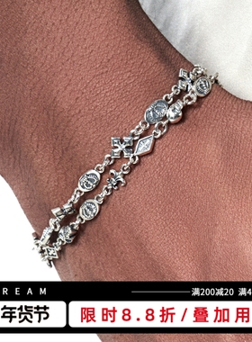 KREAM 925银复古做旧皇冠鸢尾十字手链男嘻哈女欧美潮流skull