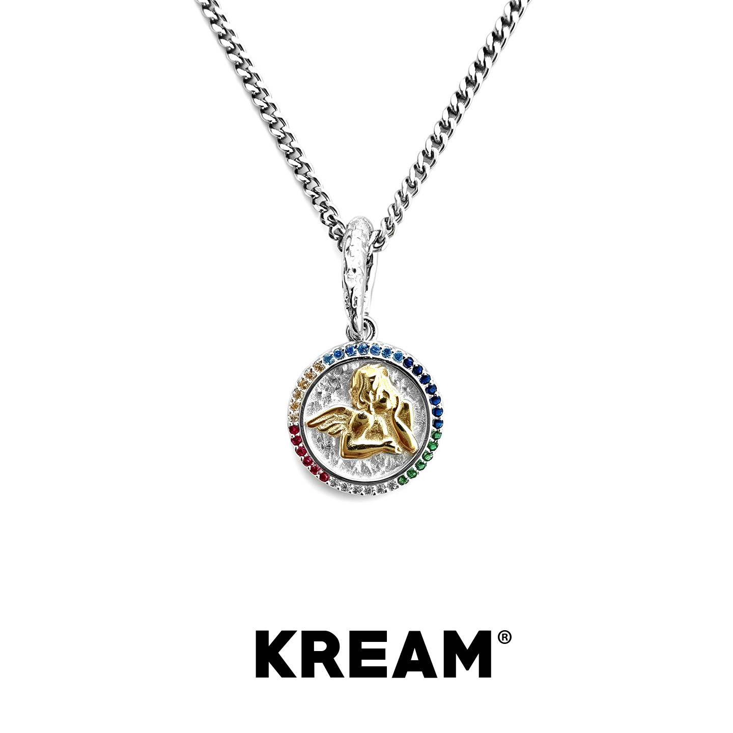 KREAM 纯银 撞色圆牌彩钻天使吊坠男嘻哈项链女欧美潮流