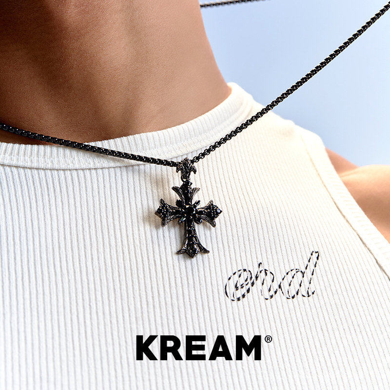 KREAM S925纯银 黑色蛇头鸢尾十字锆石项链男嘻哈女同款