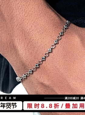 KREAM 925银复古做旧四芒星十字手链男嘻哈女欧美潮流手饰