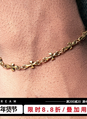 KREAM 925银复古金色十字手链男嘻哈女欧美潮流情侣礼物高级感