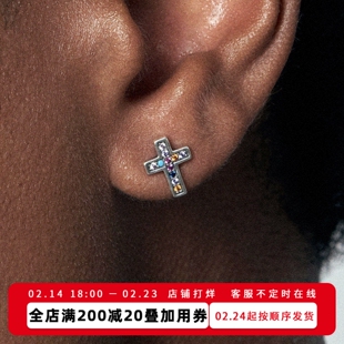 KREAM 925银 彩钻十字耳钉男嘻哈女时尚简约美式百搭小众设计耳饰