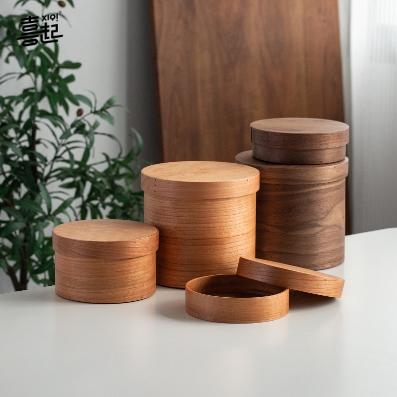 黑胡桃木圆形储物盒 桌面实木糖果茶叶收纳盒带盖杂物整理盒茶仓