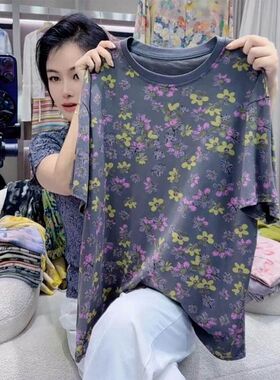 夏季新款休闲减龄打底衫高级灰色小雏菊上衣碎花短袖T恤男女同款