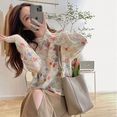2025秋冬新款羊毛马海毛女宽松慵懒风毛衣外套上衣软糯轻薄花朵