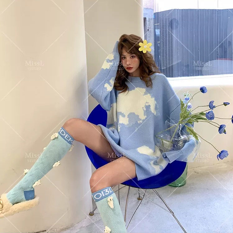秋季新款高冷范气质女装2025新款宽松洋气设计高级感蓝色针织毛衣