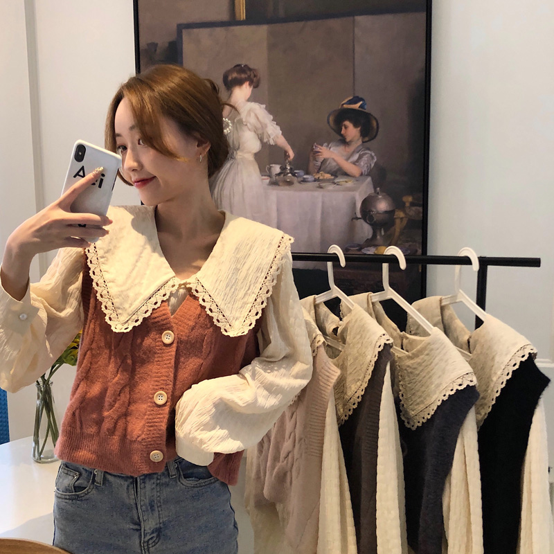 Korean long sleeve baby collar shirt + sweet knitted sweater vest two piece set for women