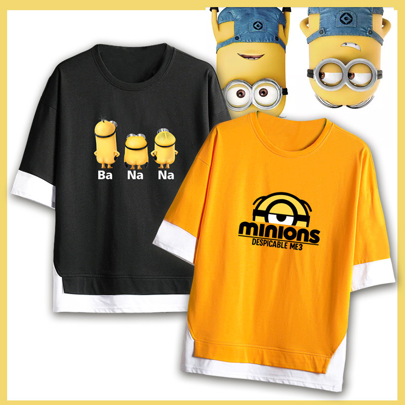 纯棉欧美潮可定制小黄人情侣装假两件T恤潮大码男女透气运动半袖