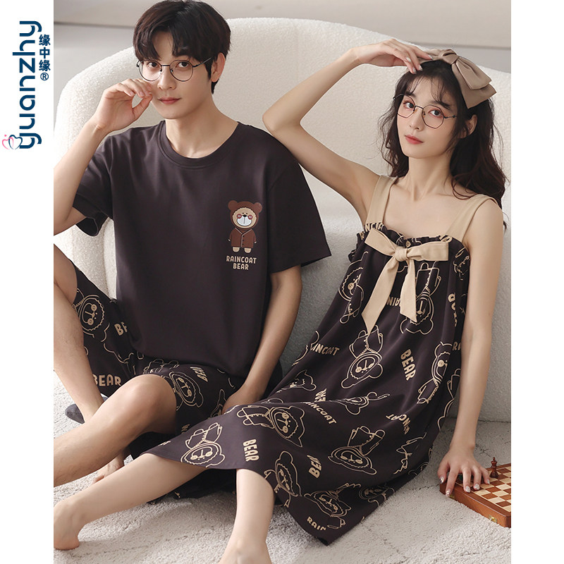 2022年新款夏季情侣睡衣纯棉短袖性感吊带睡裙薄款可爱男女家居服