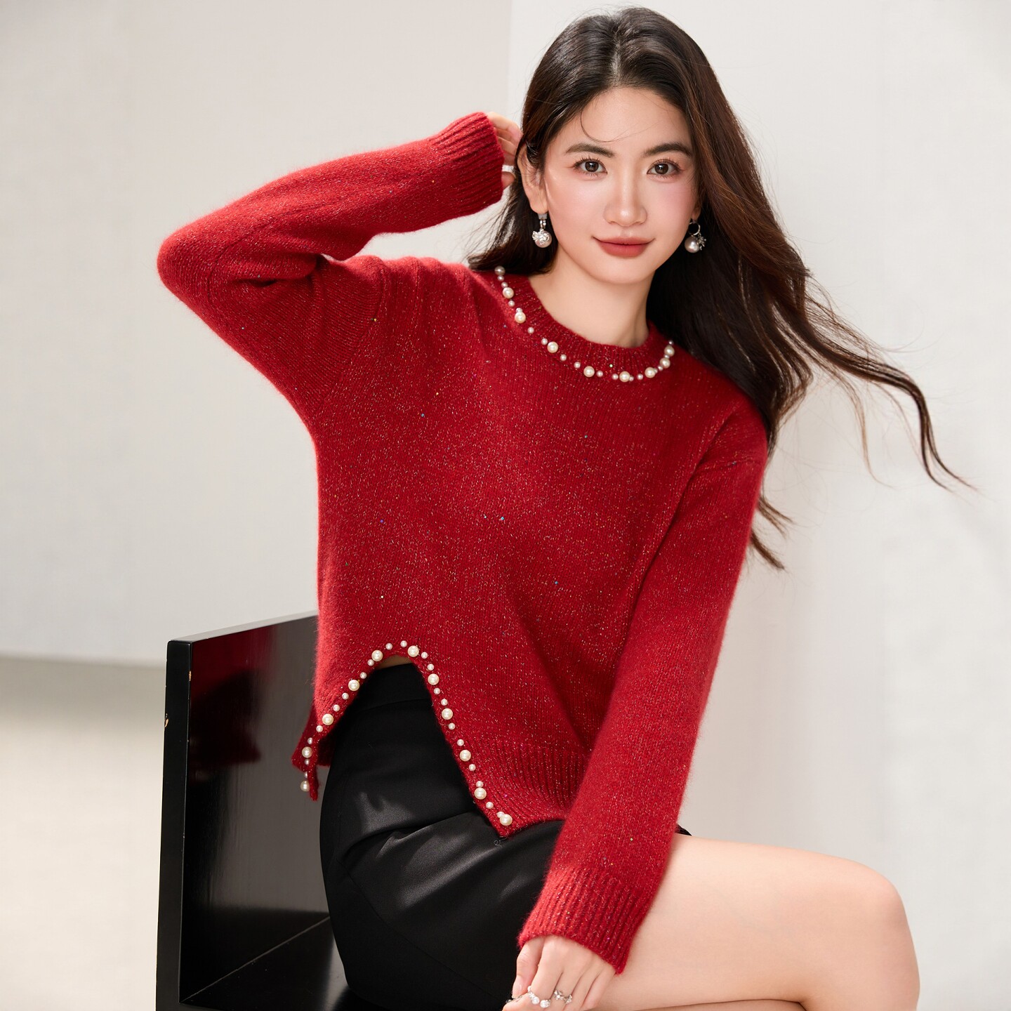 针织衫上衣秋冬女珍珠圆领毛衣