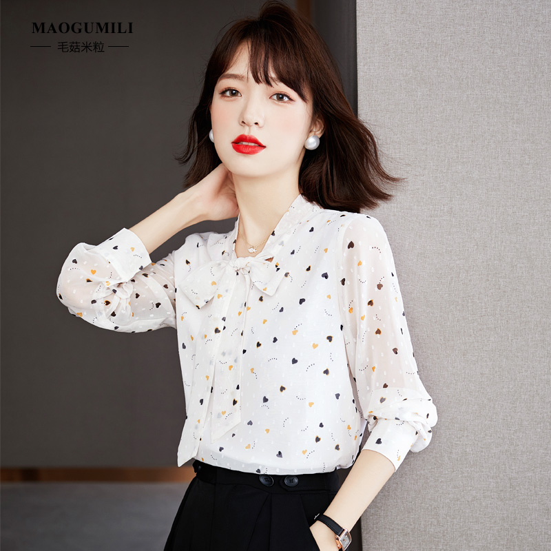 2023春装新款衬衫女设计感蝴蝶结绑带高级感印花气质雪纺小衫上衣