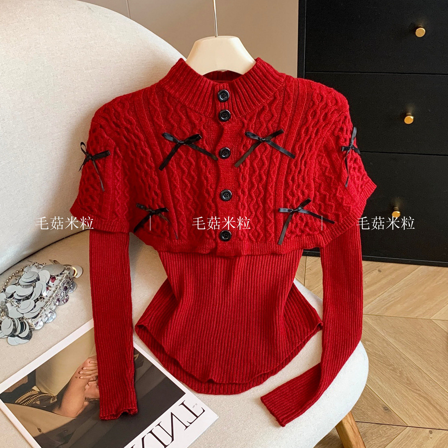 针织衫上衣女秋冬小众设计感漂亮独特蝴蝶结麻花斗篷披肩毛衣外套