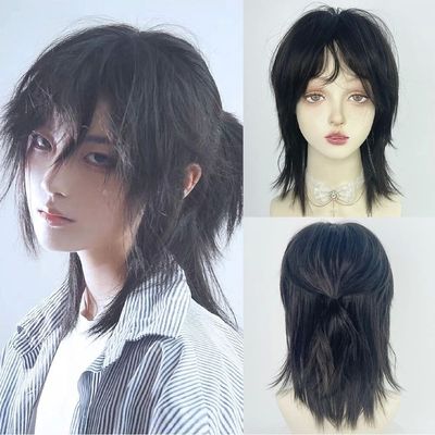 Short Mullet Head Wigs with Bangs Synthetic Straight Anime M