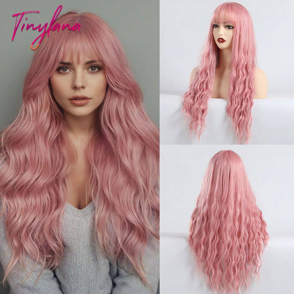 Long Pink Curly Wavy Synthetic Wigs with Bangs for Women Lol