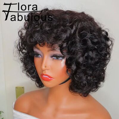 Fluffy Bouncy Curly Human Hair Wigs with Bangs perruques che