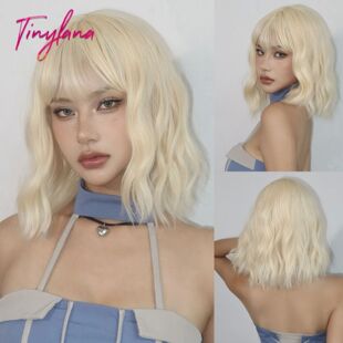 Beige Blonde Bob Wavy Synthetic Wigs with Bangs Short Cospla