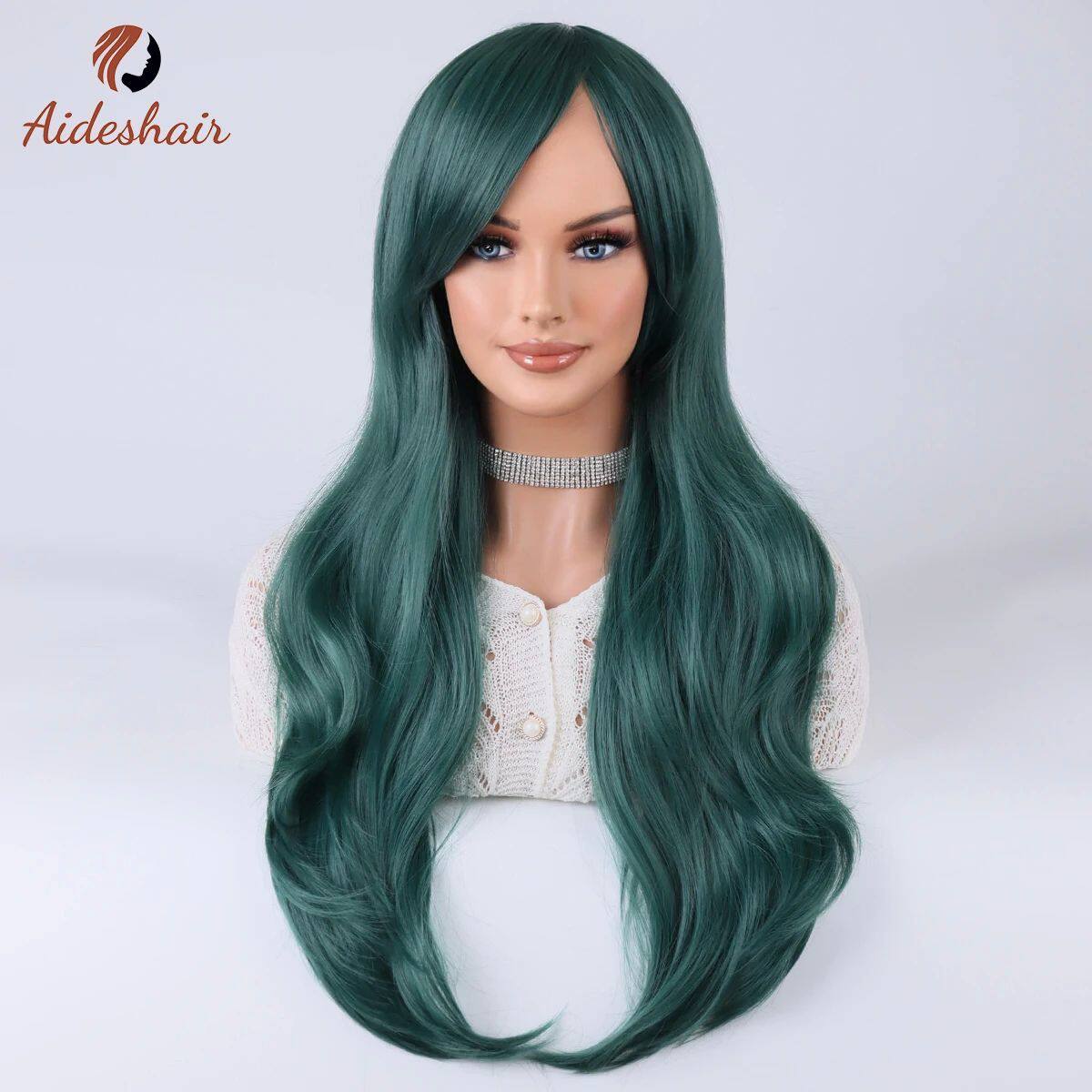 Aideshair Dark green midsection diagonal bangs long curly wi