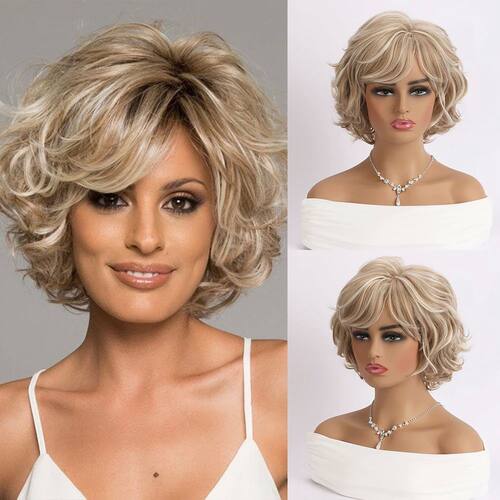 Light gold Natural Wigs for Women Short curly Synthetic Wig