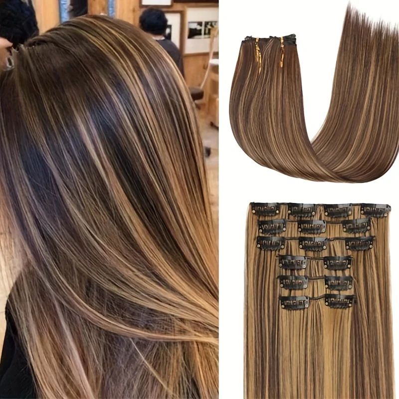16pcs Clip In Long Straight Hair Extensions Synthetic Fiber