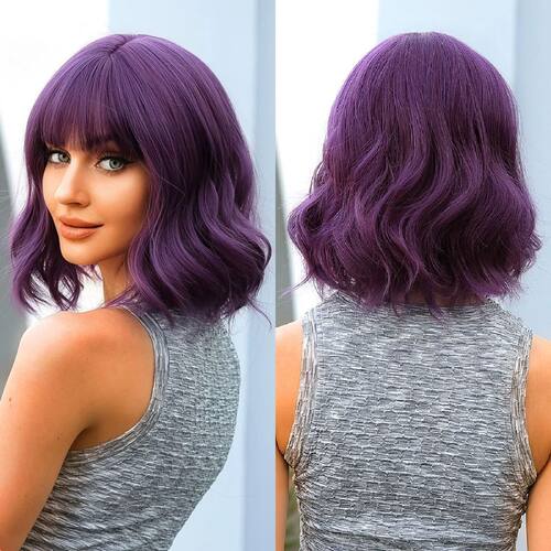 Dark Purple Short Bob Synthetic Wigs Water Wavy Wig Cosplay