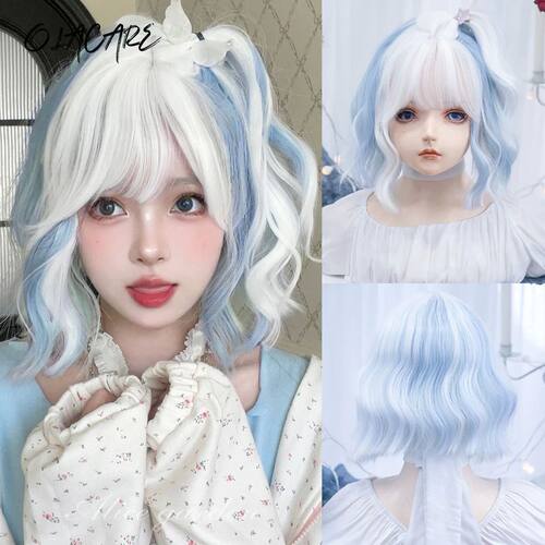 Short Wavy Bob Wigs for Women White Blue Green Bob Natural S