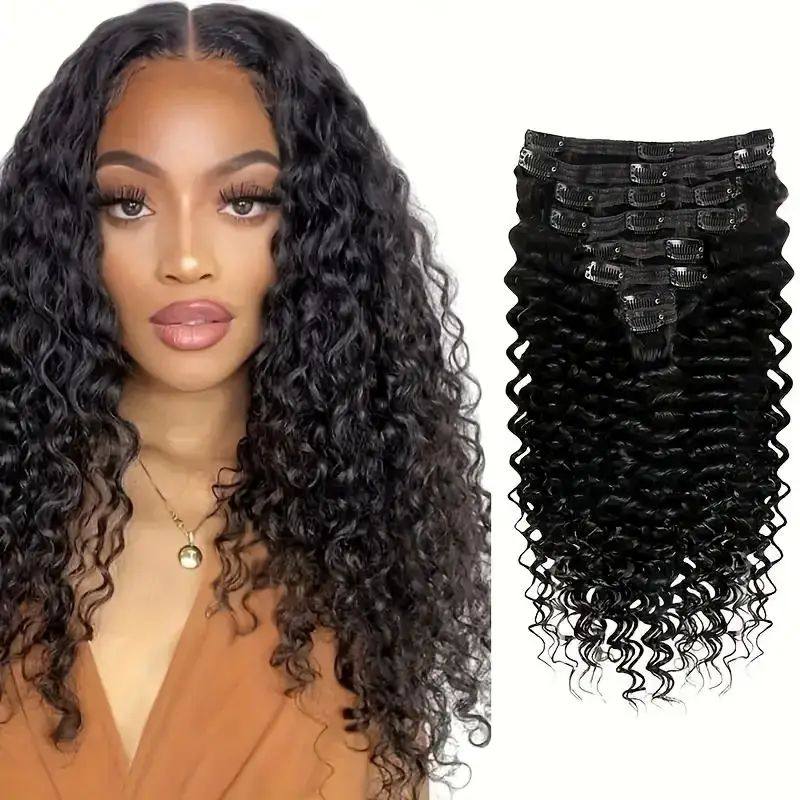 Human Hair Deep Wave Clip In Hair Extensions Brazilian Clip