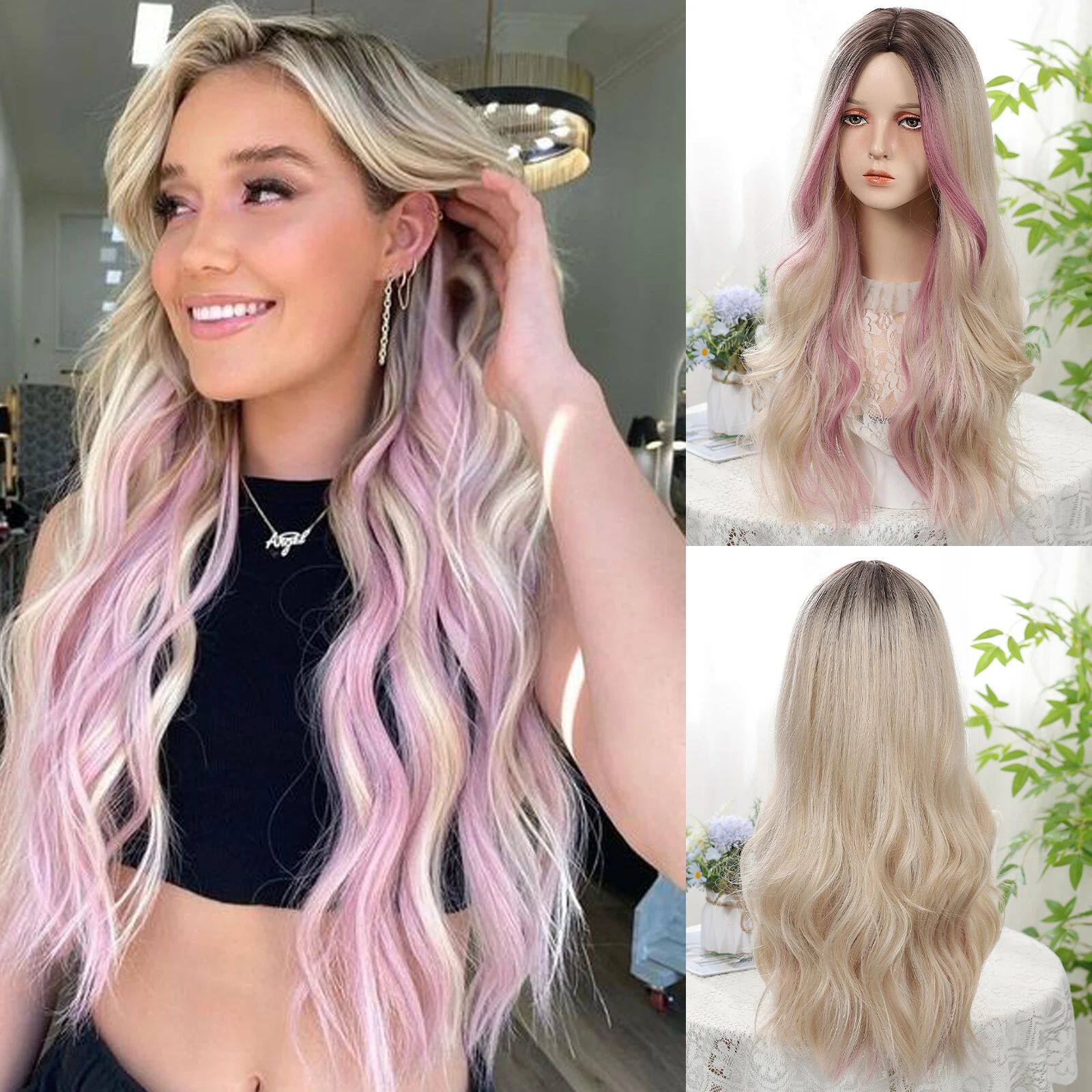 Wavy Blonde Pink Synthetic Dark Root Wigs with Bangs Cosplay