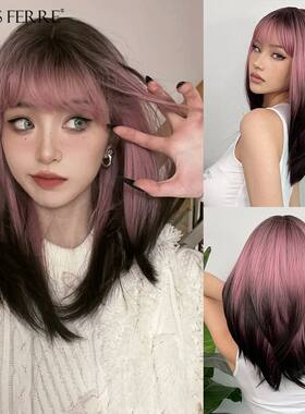 LOUIS FERRE Black Pink Ombre Synthetic Wigs for Cosplay Long