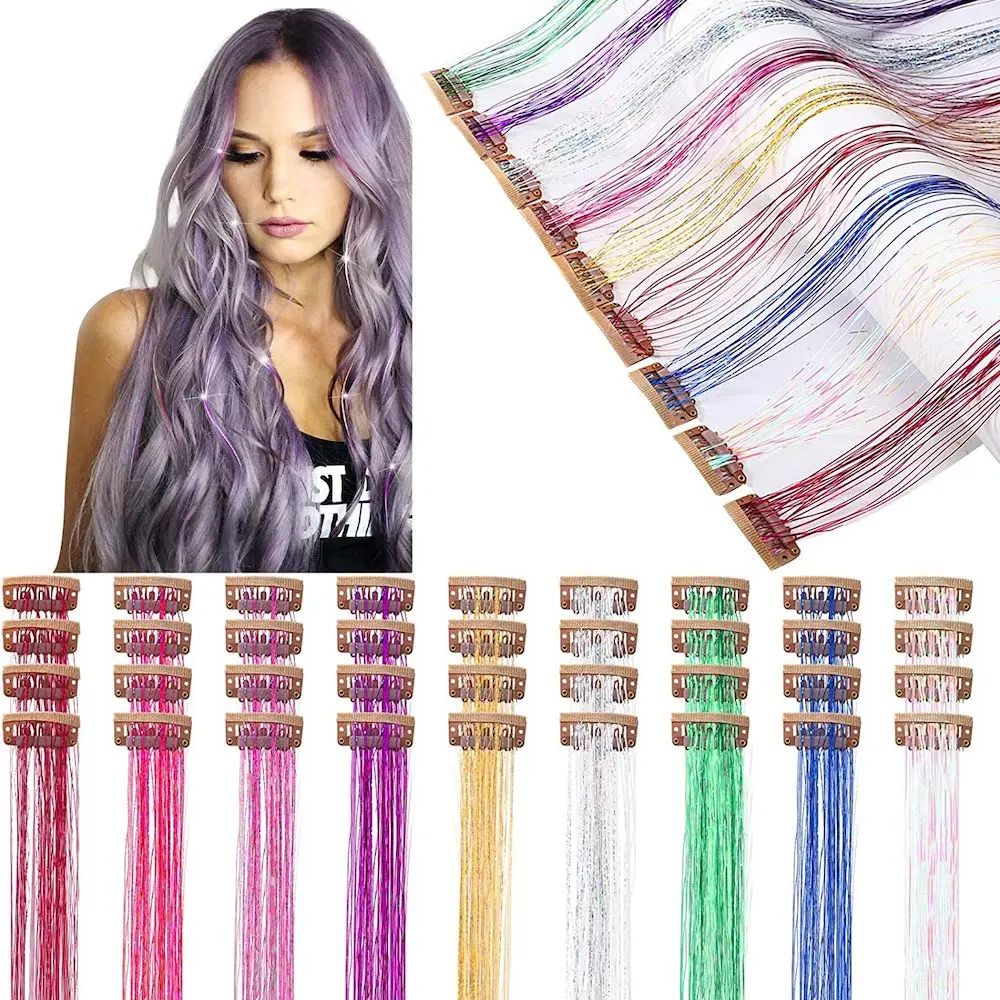 6Pcs 50cm Sparking Shiny Hair Tinsel Hair Extensions Tinsel