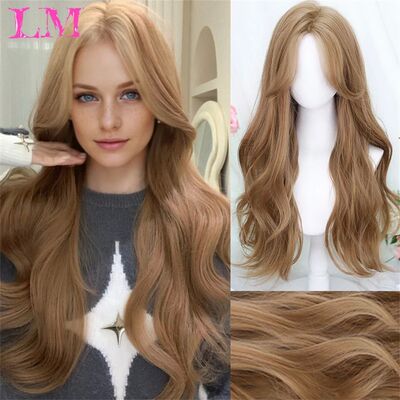 LM Long Wavy Light Ash Blonde Synthetic Wigs with Bangs for