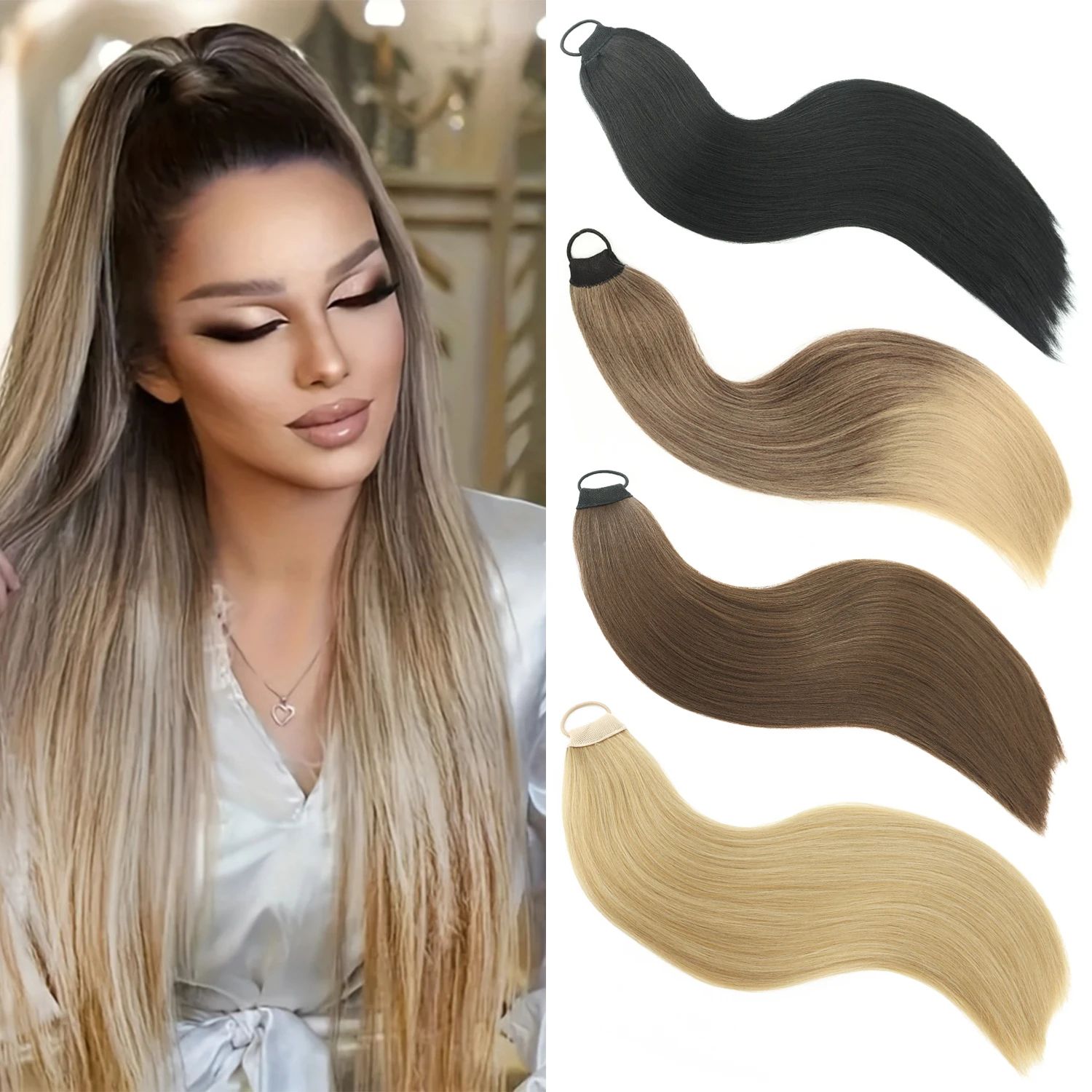 Synthetic 24Inch Long Straight Hair Ponytail With Elastic Ba