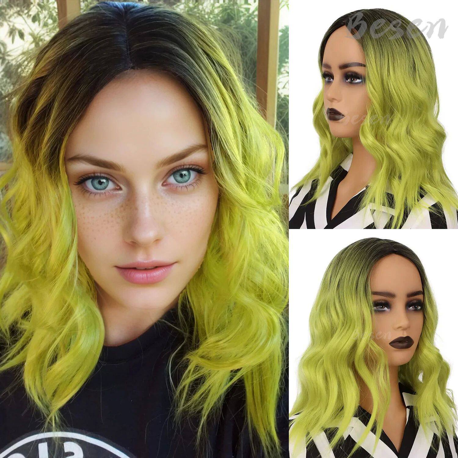 Synthetic Ombre Green Short Wigs Curly Bob Wig Ombre Color W