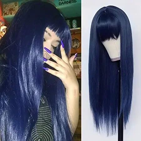Synthetic Replacement Hair Wig With Bangs Blue Color Heat Re