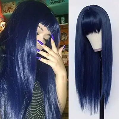Synthetic Replacement Hair Wig With Bangs Blue Color Heat Re