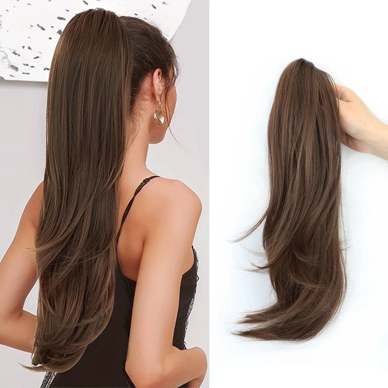 Synthetic Claw Clip Ponytail 18Inch Long Wavy Black Brown He