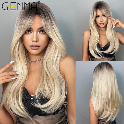 GEMMA Ombre Brown Blonde Long Straight Synthetic Wigs with B