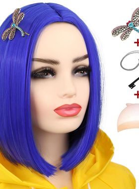 Synthetic Coraline Blue Wig Short Straight Bob Wig Heat Resi
