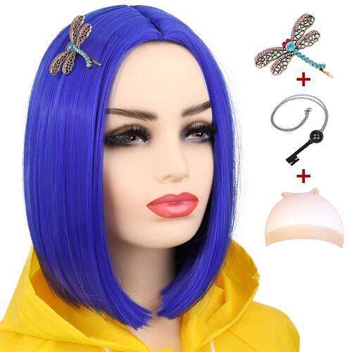 Synthetic Coraline Blue Wig Short Straight Bob Wig Heat Resi