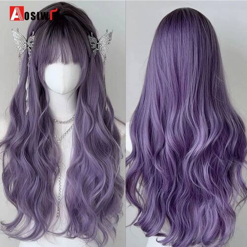 Long Wavy Black Gradient Purple Synthetic Wigs Lolita Hallow