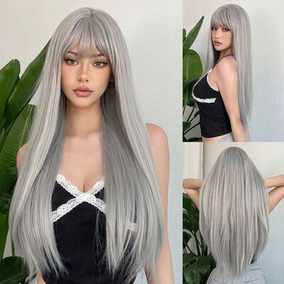 Long Straight Synthetic Wig Granny Gray Center Part Natural
