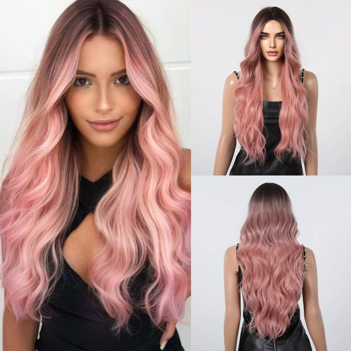 Cheap Ombre Pink Synthetic Cosplay Wigs Long Body Wavy Hair