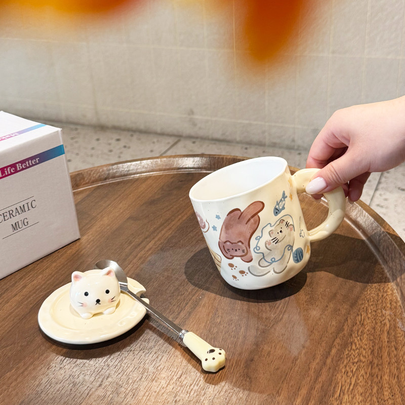 可爱猫咪陶瓷杯子带盖勺咖啡水杯
