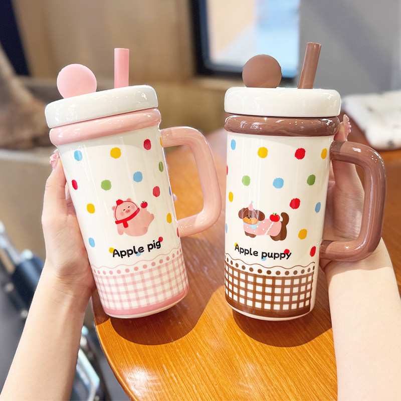 高颜值可爱波点小萌宠大容量陶瓷马克杯家用喝水杯子送礼物伴手礼