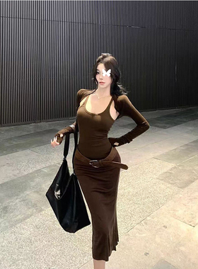 TYST棕色长袖开衫披肩吊带长裙配腰带女秋季御姐套装三件套辣妹