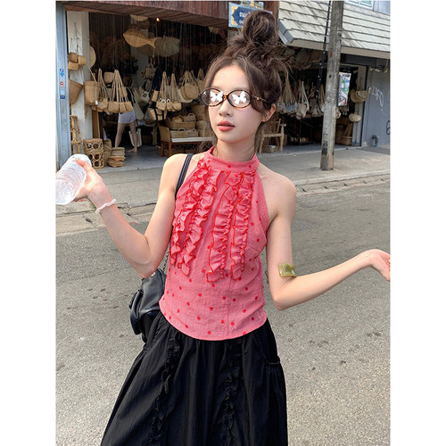 TYST辣妹波点露肩修身挂脖吊带纯欲风木耳边挂脖背心上衣女夏季