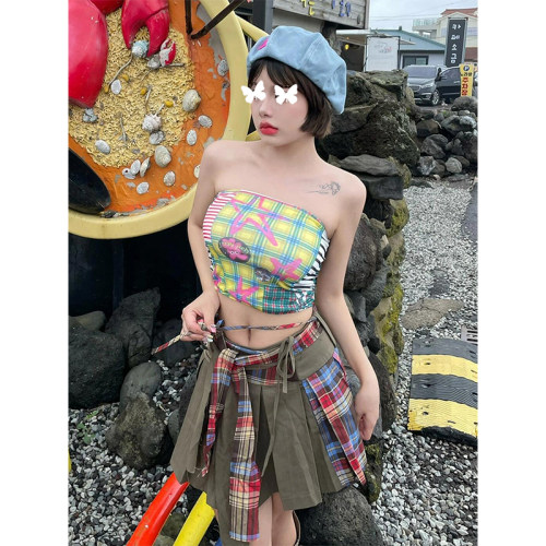 TYST辣妹格子印花抹胸背心女装夏季新款纯欲风内搭紧身甜辣小上衣