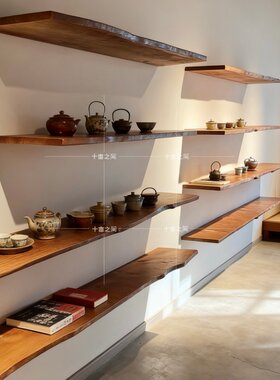 中古风墙上置物架实木一字隔板异形层板壁挂客厅书架茶室民宿背景