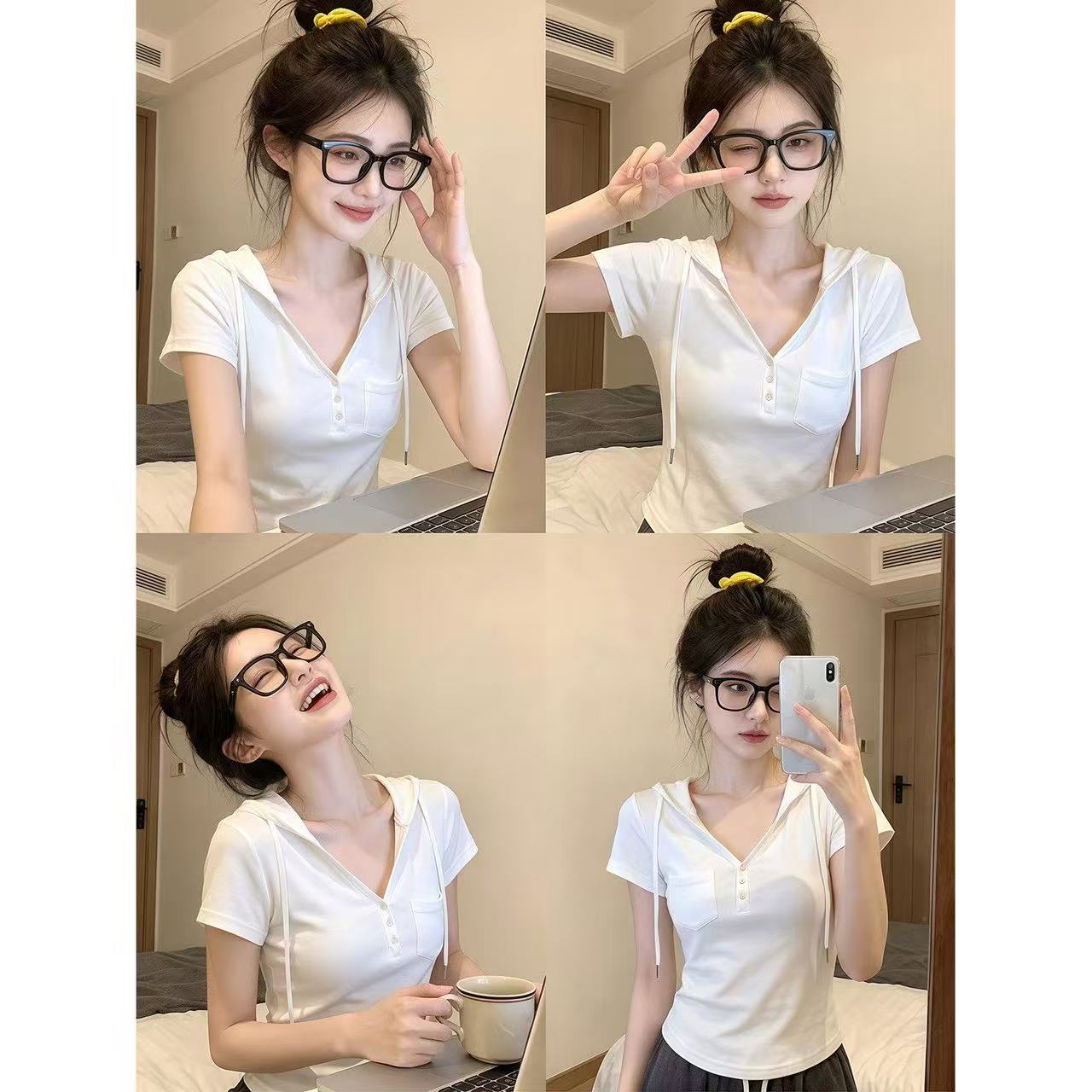 夏季白色V领短袖t恤衫女连帽正肩修身显瘦口袋小众别致设计感上衣