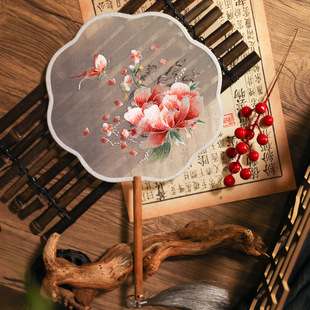 刺绣扇团扇绣古风汉服长柄宫扇机绣圆扇成品宫廷扇真丝旗袍走秀扇